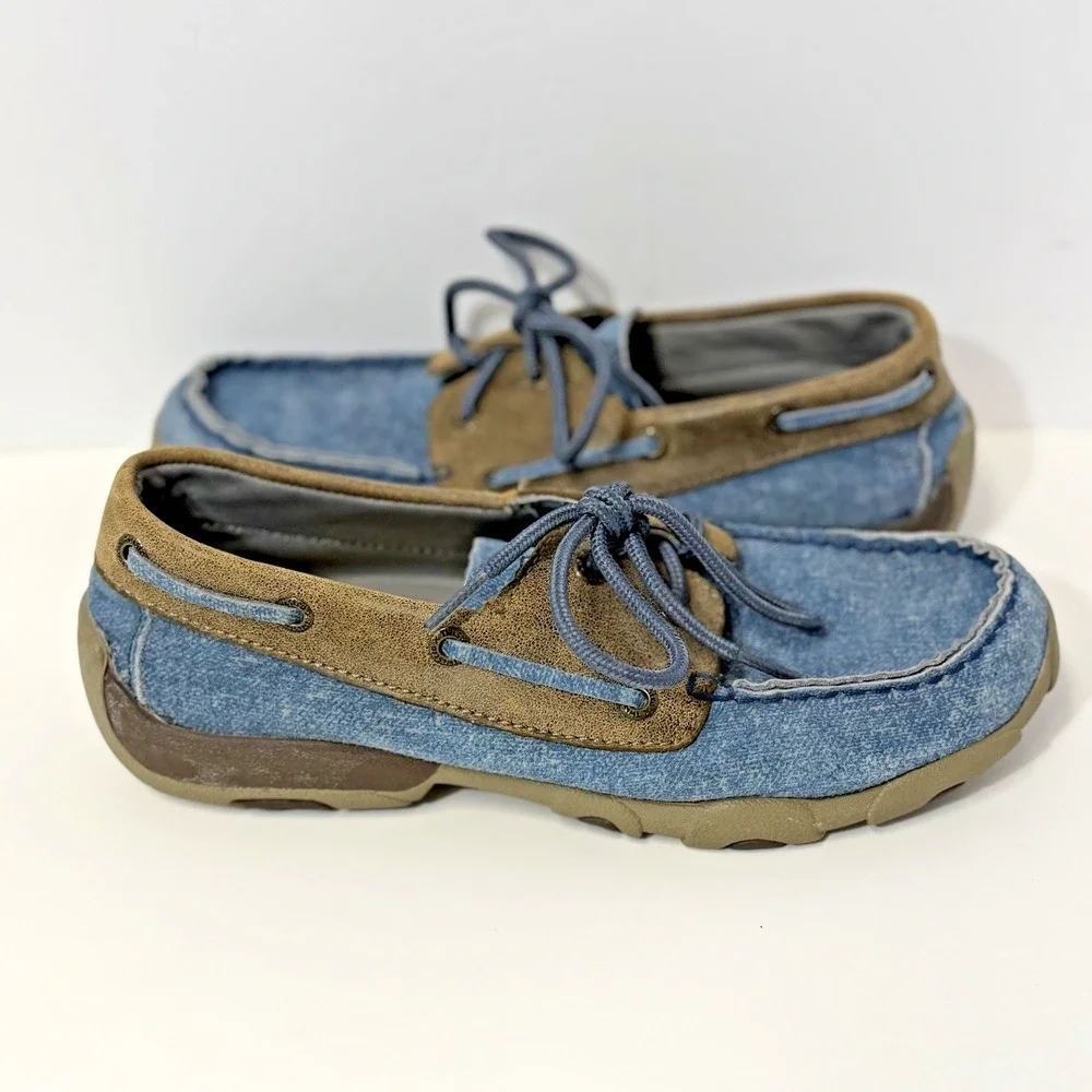 Twisted X Youth 4.5M Driving Mocs Lace Up Blue Denim Canvas Brown Leather Shoes